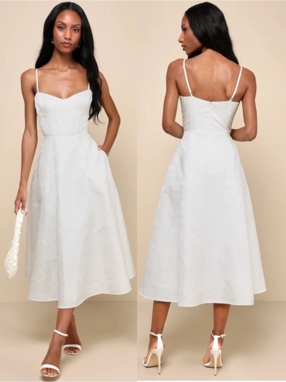 NWT Lulu’s Meet for Tea White Jacquard Bustier Midi Dress With Pockets Small
